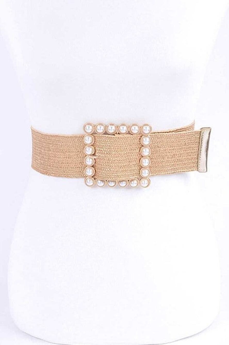 Pearl Buckle Faux Straw Elastic Belt - Gold